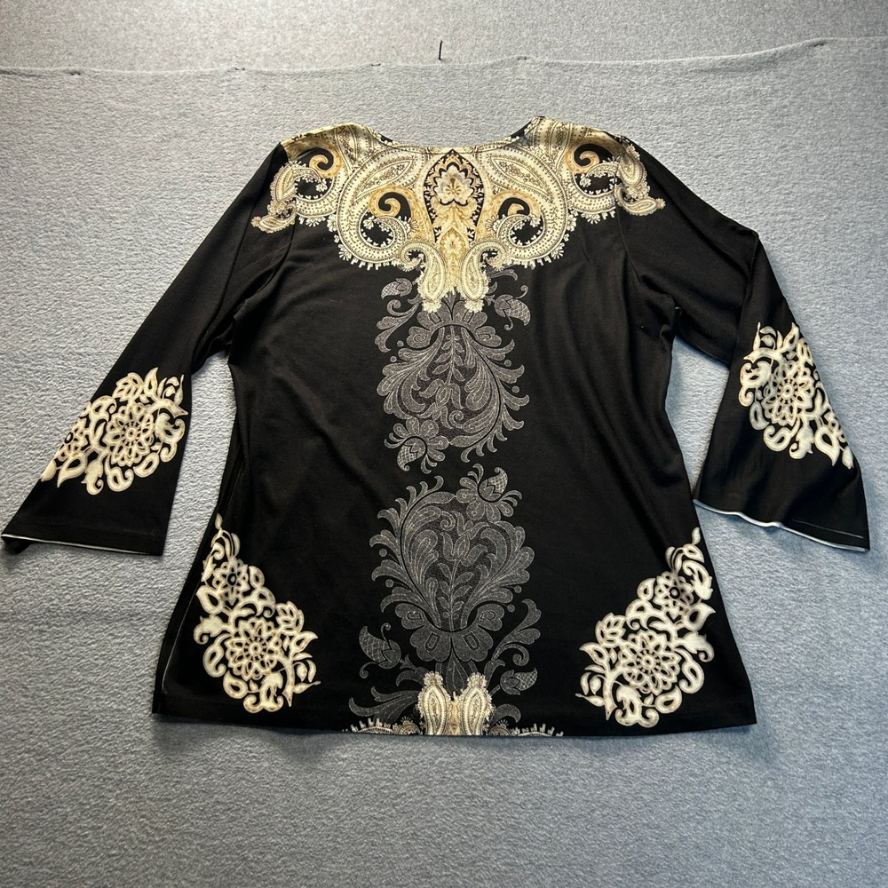 Chicos Boho 3/4 Sleeve Womens Size 2 Embellished Paisley Tunic Top Black - Picture 2 of 6